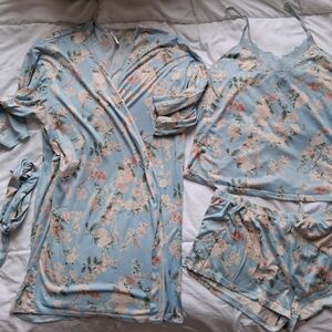 Elegant Floral Blue Robe and Sleepwear Set